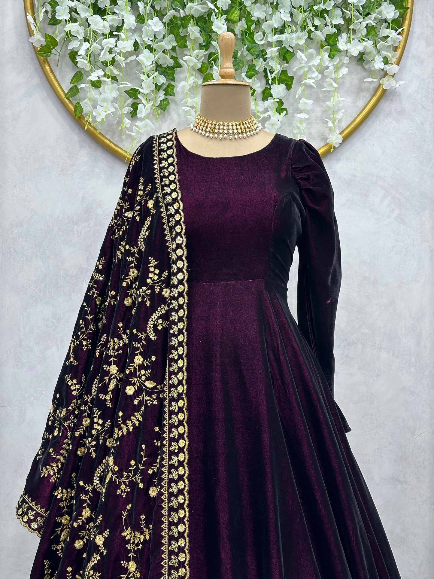 Designer Wine Anarkali Gown With Dupatta, Long Gown with dupatta, Sequins Embroidered Gown, Gown for women, wedding gown, Bollywood Gown