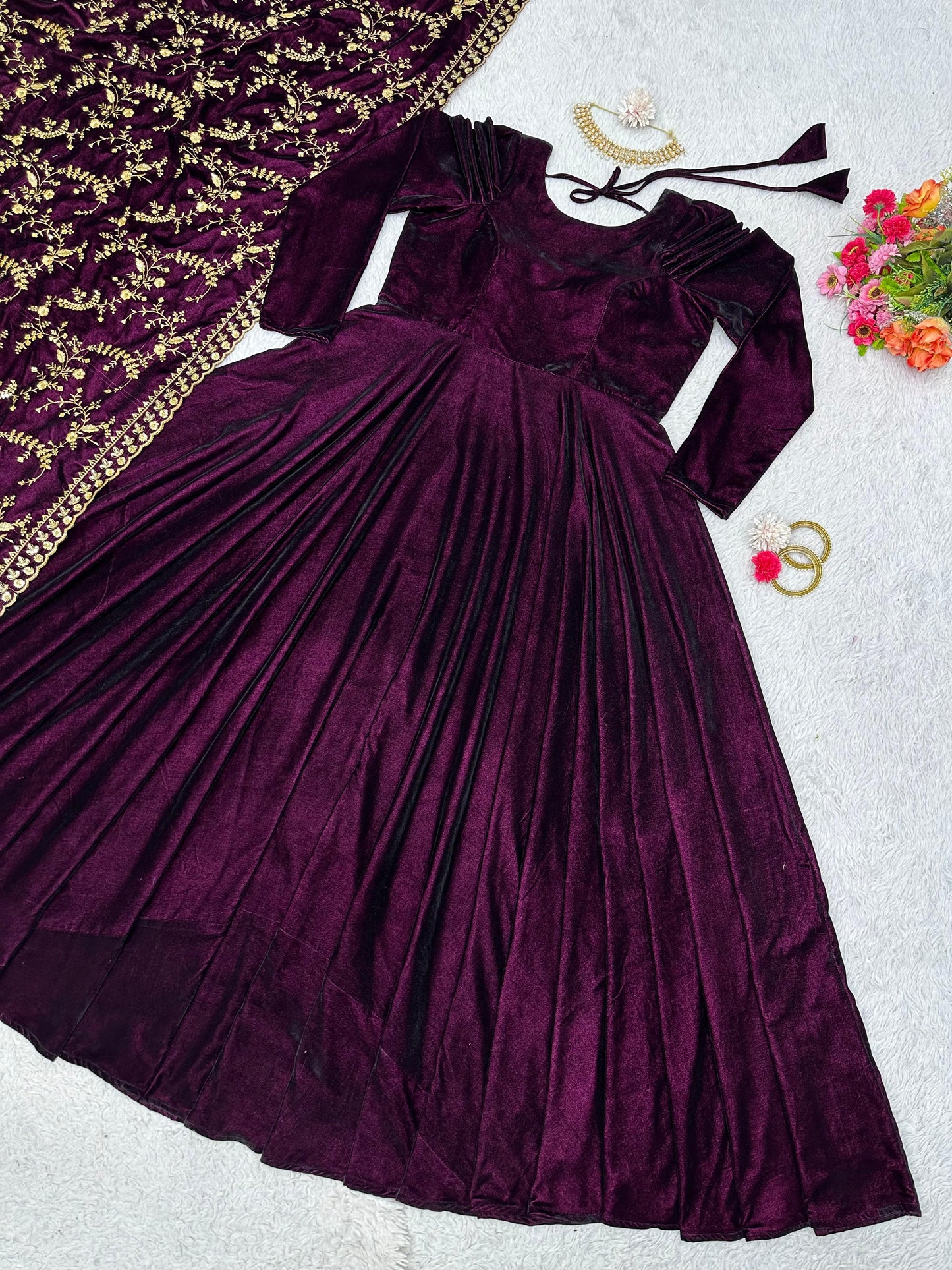 Designer Wine Anarkali Gown With Dupatta, Long Gown with dupatta, Sequins Embroidered Gown, Gown for women, wedding gown, Bollywood Gown
