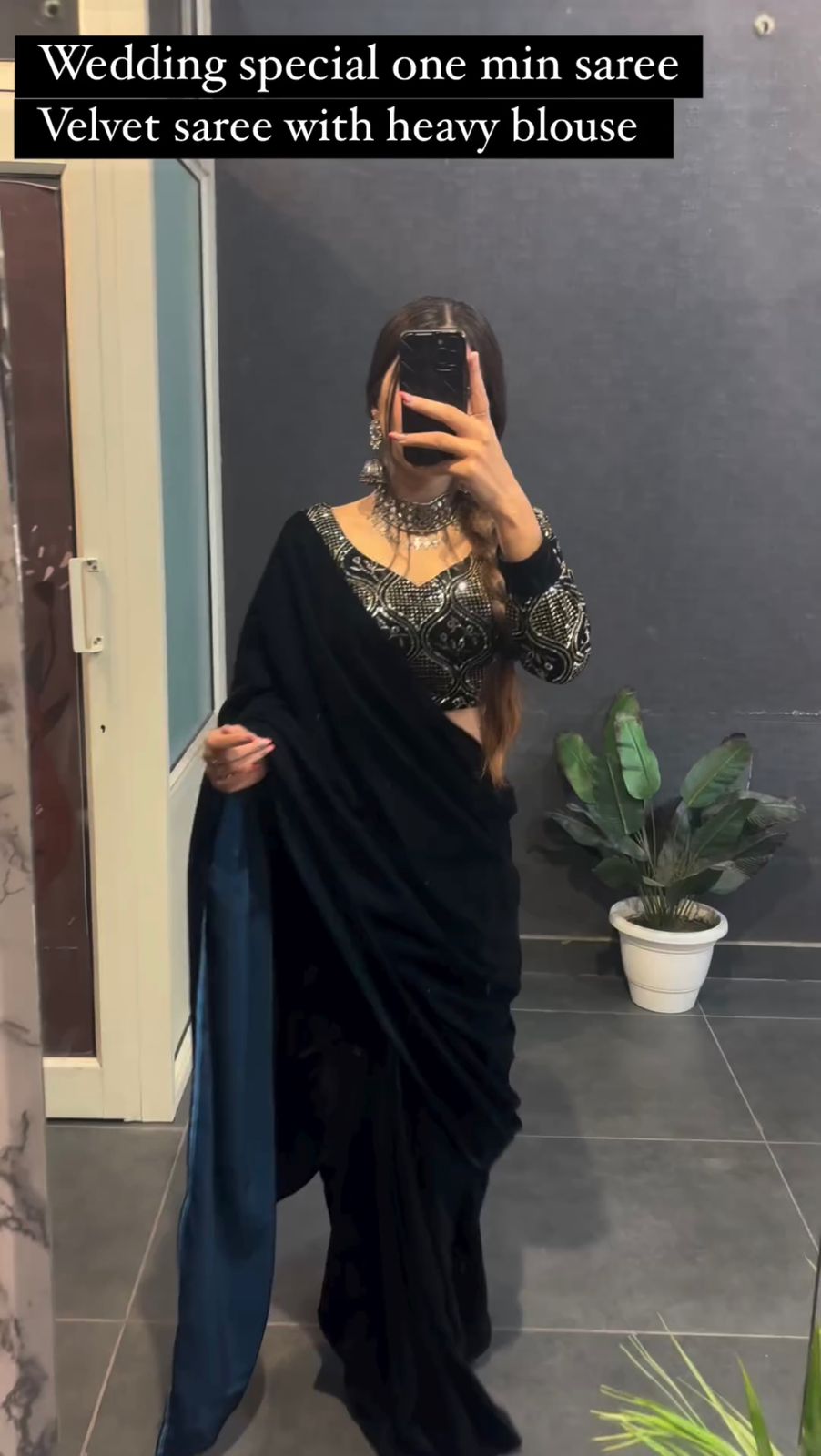 Black crushed saree with ready to wear Blouse