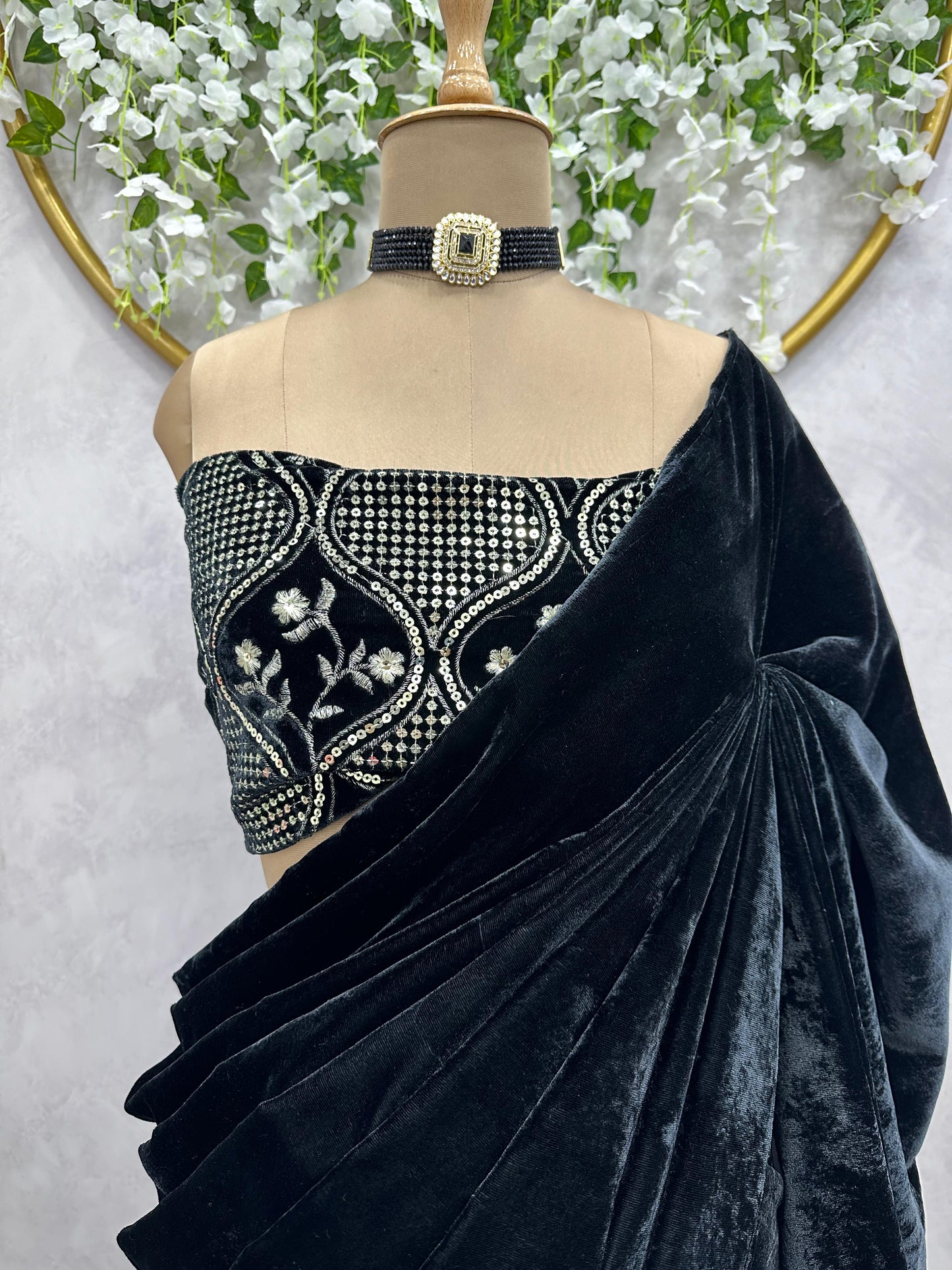 Black crushed saree with ready to wear Blouse