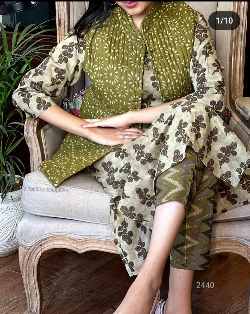 Green Cotton Kurti Pant Set With Quilted Cotton Jacket