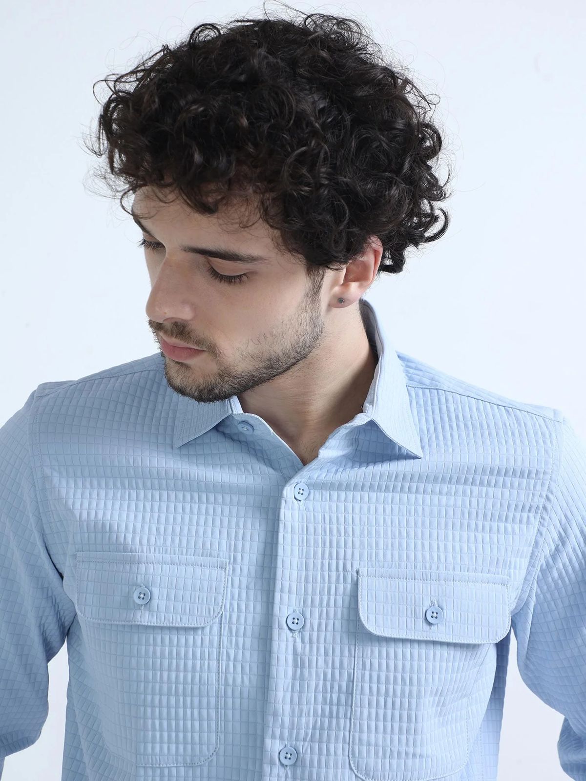 Sky Blue Textured Solid Double Pocket Shirt