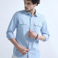 Sky Blue Textured Solid Double Pocket Shirt