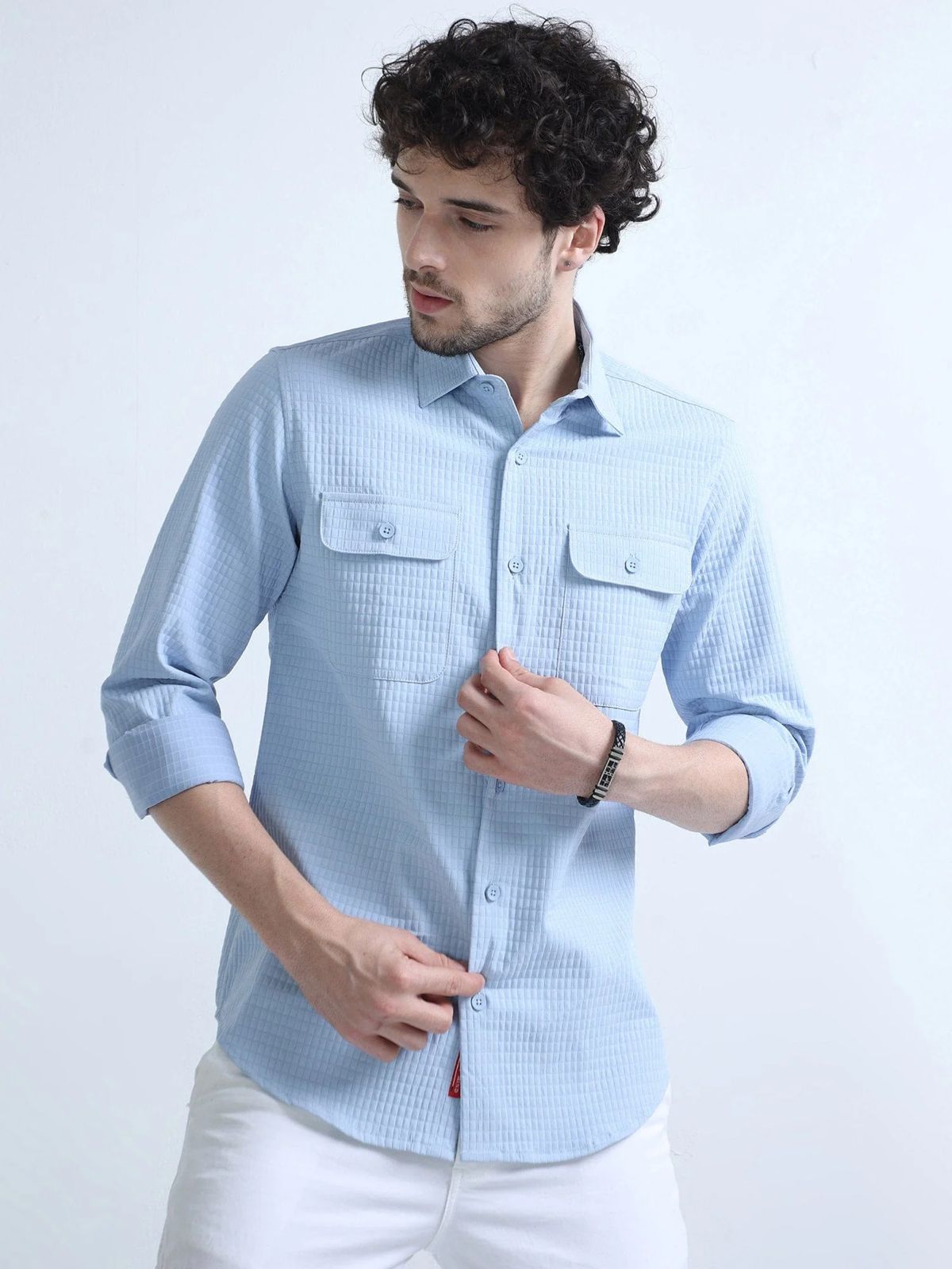 Sky Blue Textured Solid Double Pocket Shirt