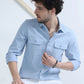 Sky Blue Textured Solid Double Pocket Shirt