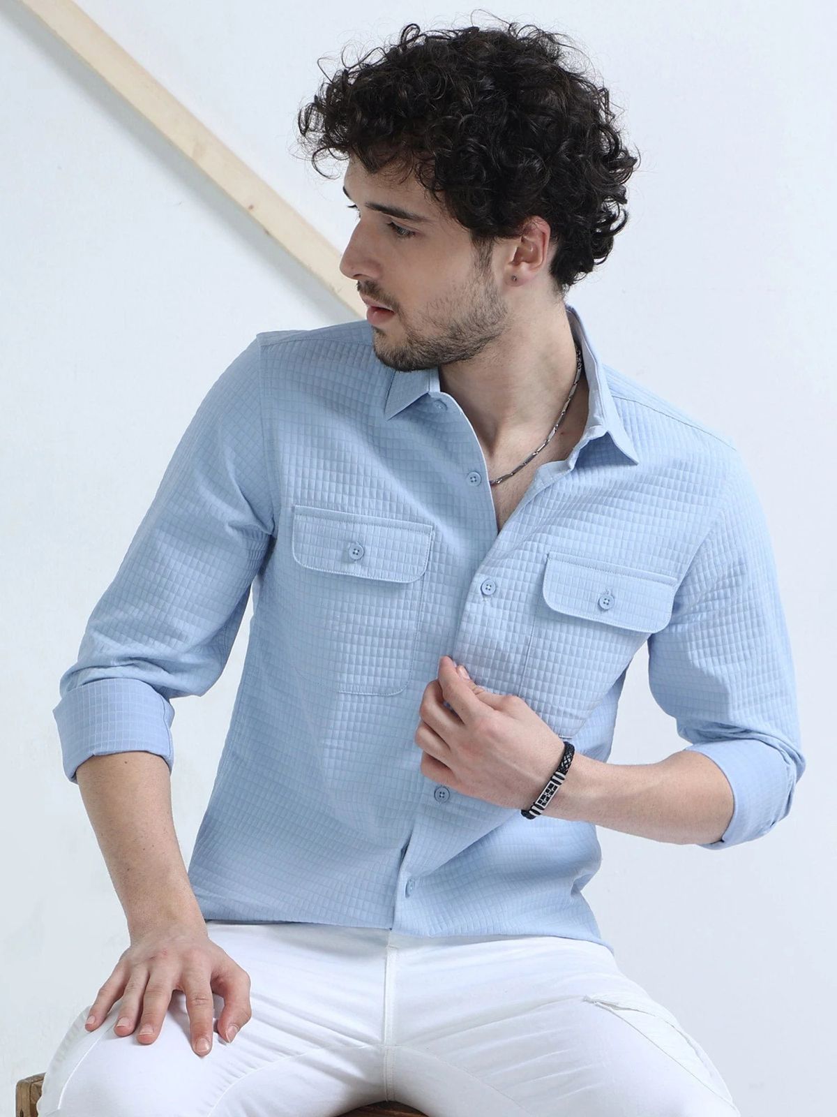 Sky Blue Textured Solid Double Pocket Shirt