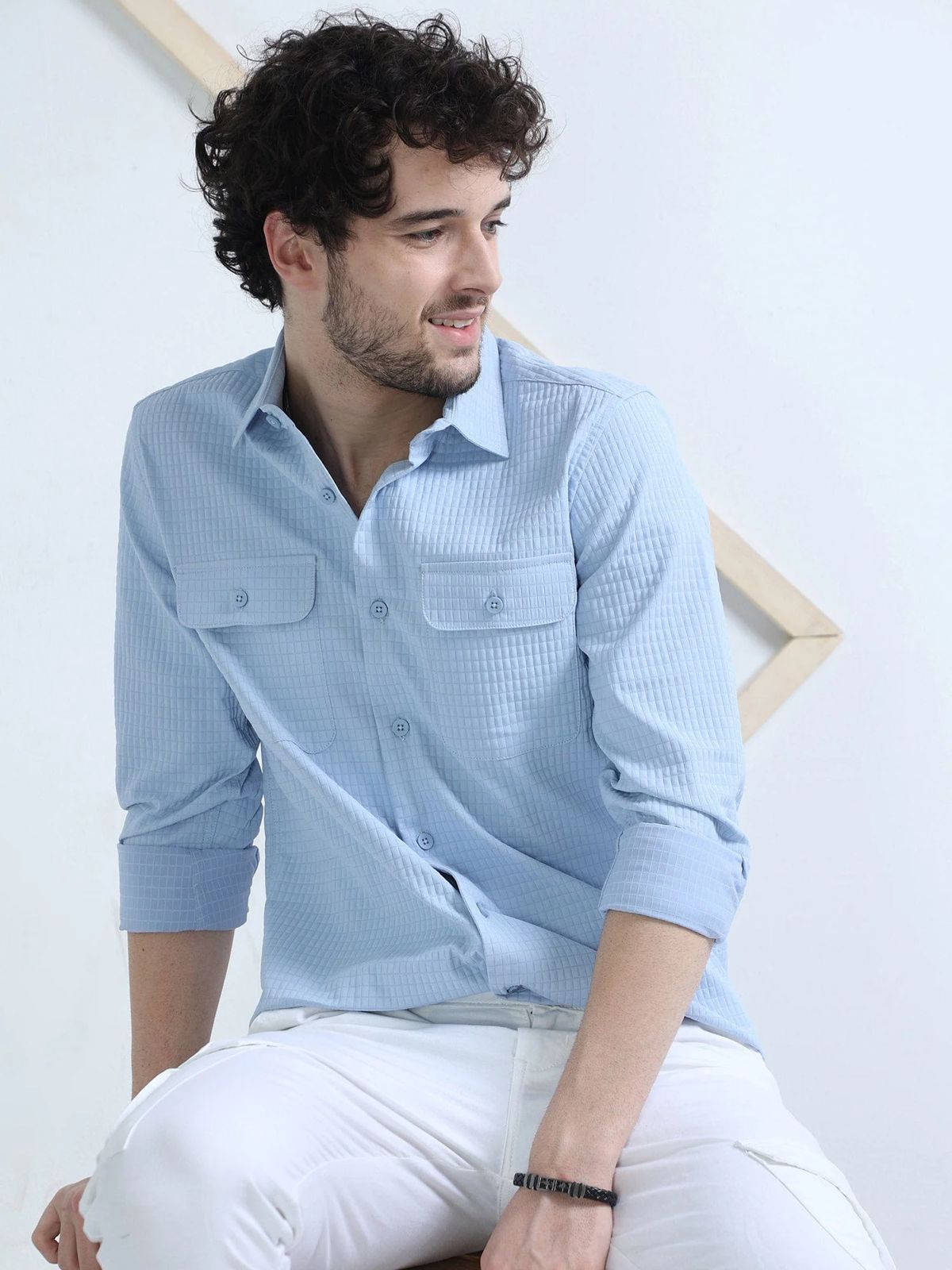 Sky Blue Textured Solid Double Pocket Shirt