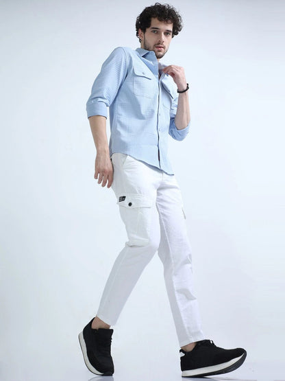 Sky Blue Textured Solid Double Pocket Shirt