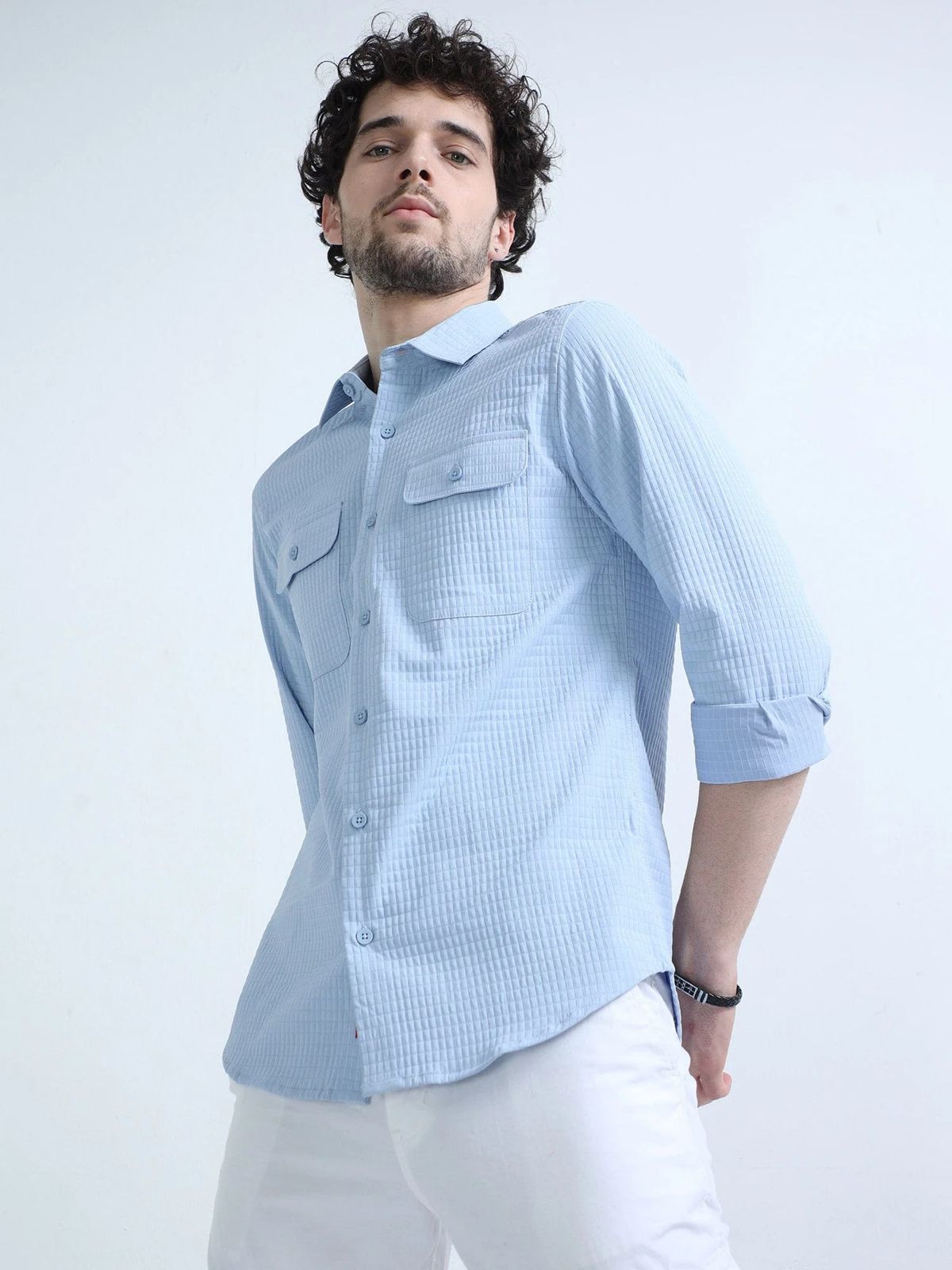 Sky Blue Textured Solid Double Pocket Shirt