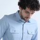 Sky Blue Textured Solid Double Pocket Shirt