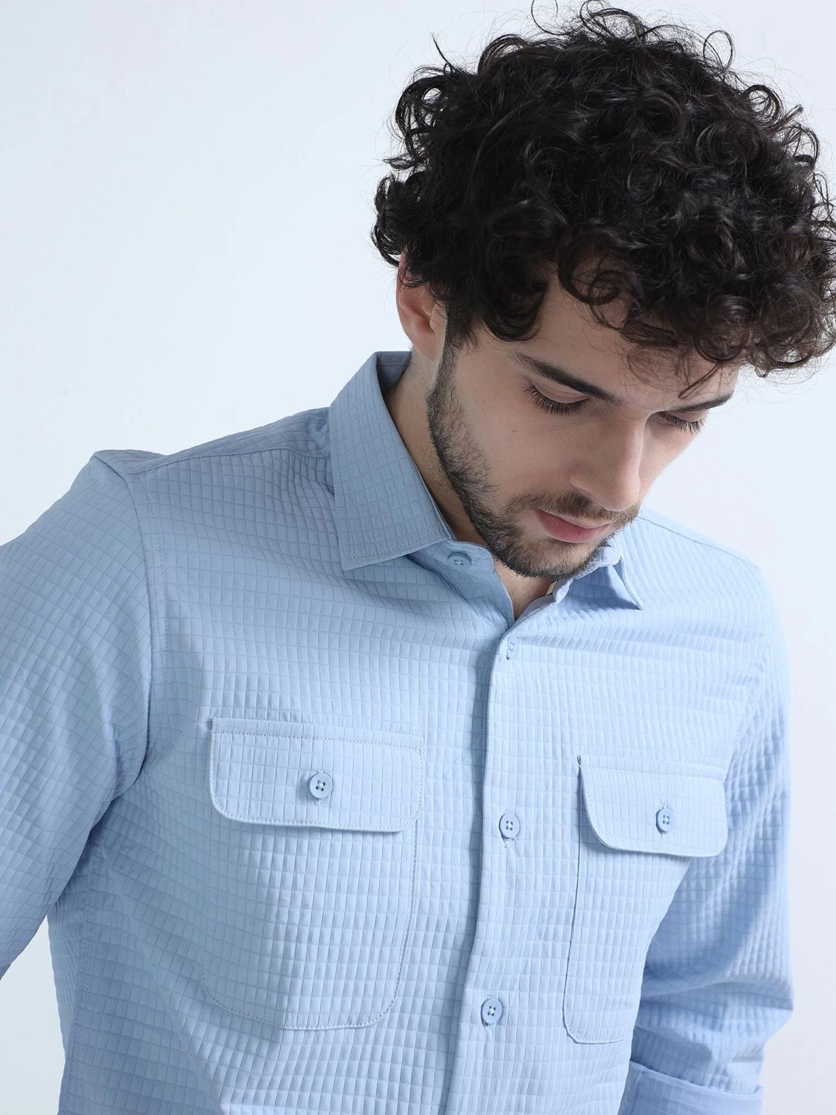 Sky Blue Textured Solid Double Pocket Shirt