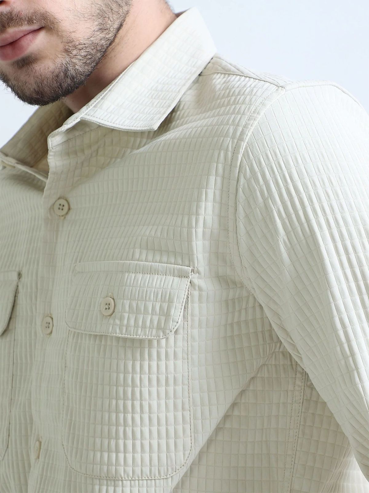 Ivory Textured Solid Double Pocket Shirt