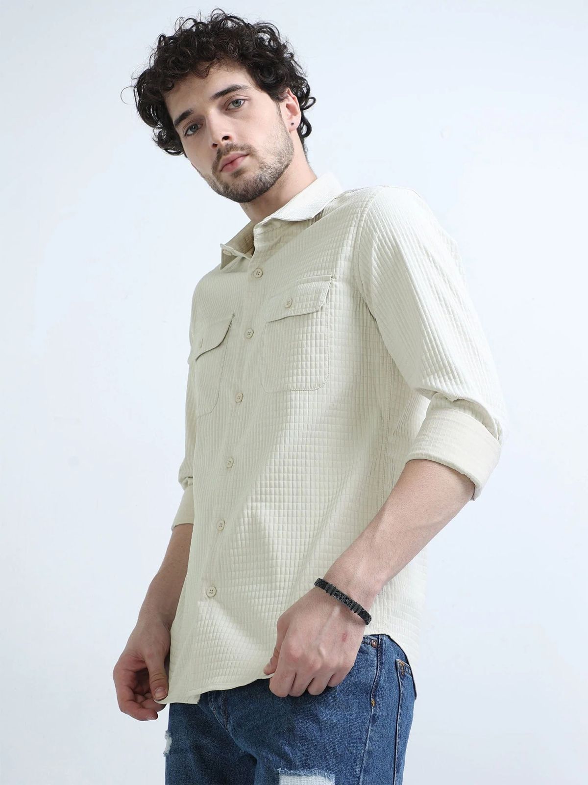 Ivory Textured Solid Double Pocket Shirt