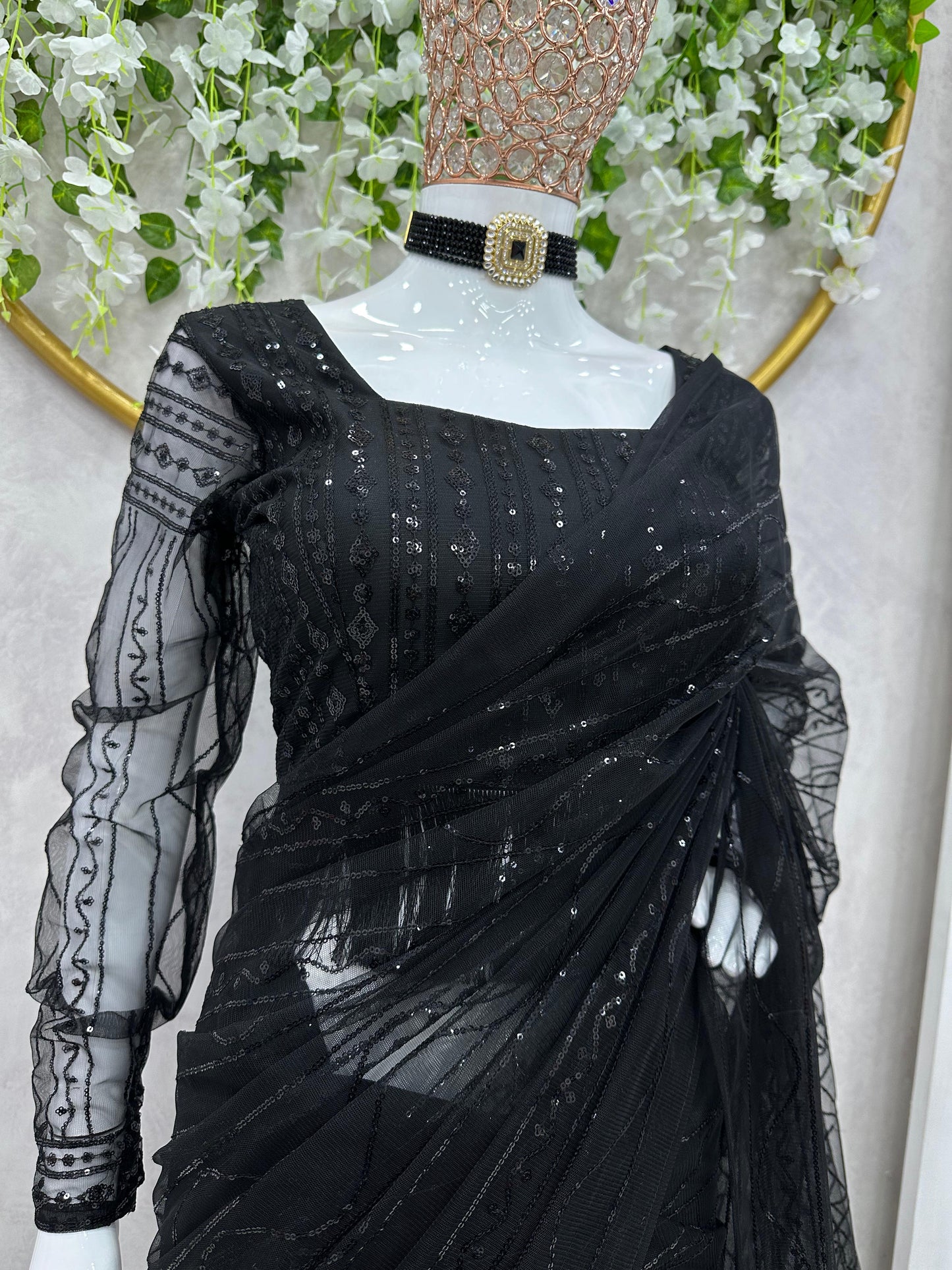 Black Color Glorious Premium Mono Net 5 MM Sequence Work Saree, Party Wear Saree With Tassels, Saree Blouse, Designer Saree For USA Women