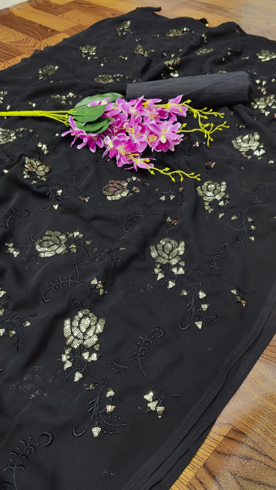 Black Color Indian Designer Saree With Sequence Embroidery in Georgette