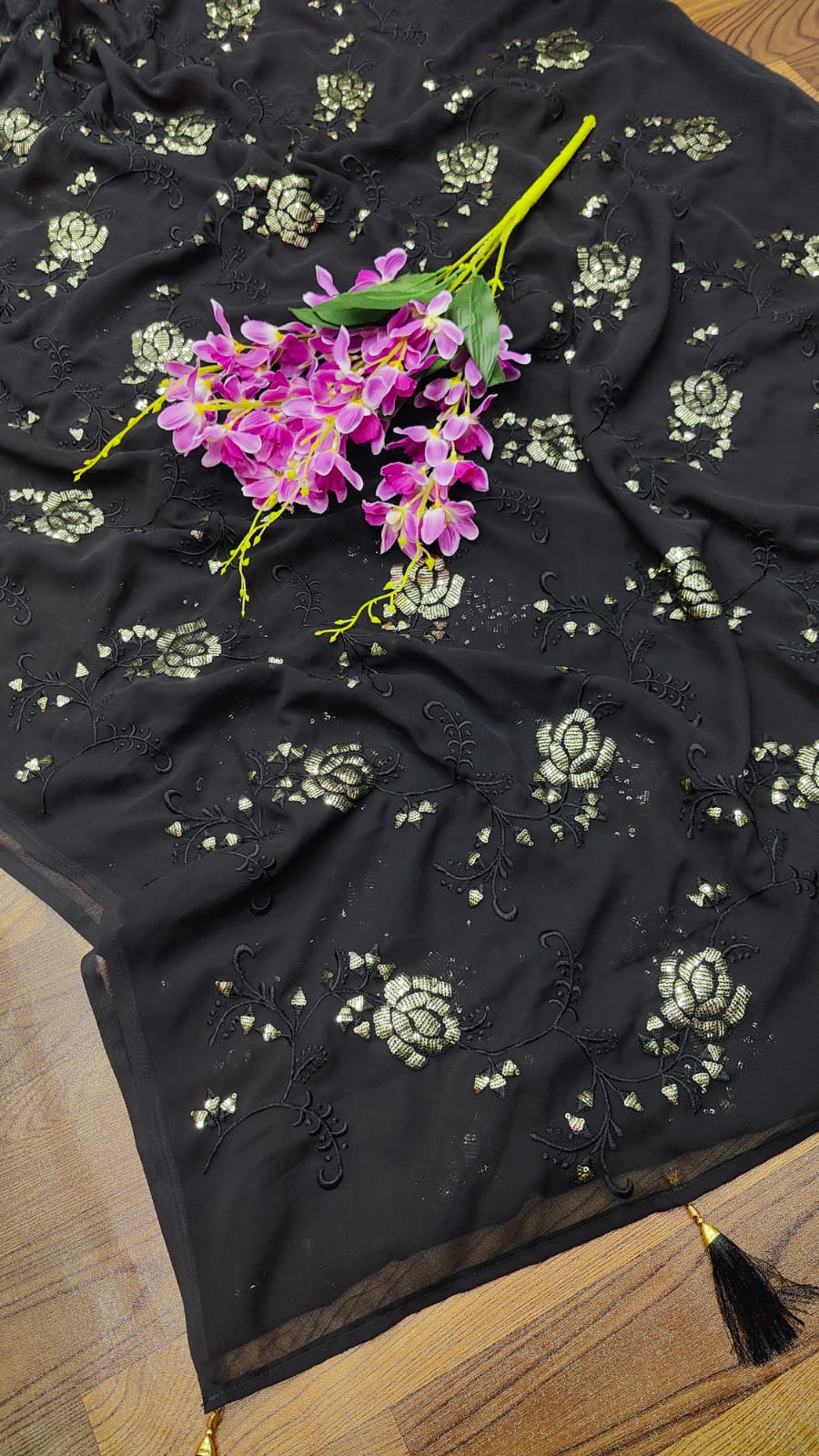 Black Color Indian Designer Saree With Sequence Embroidery in Georgette