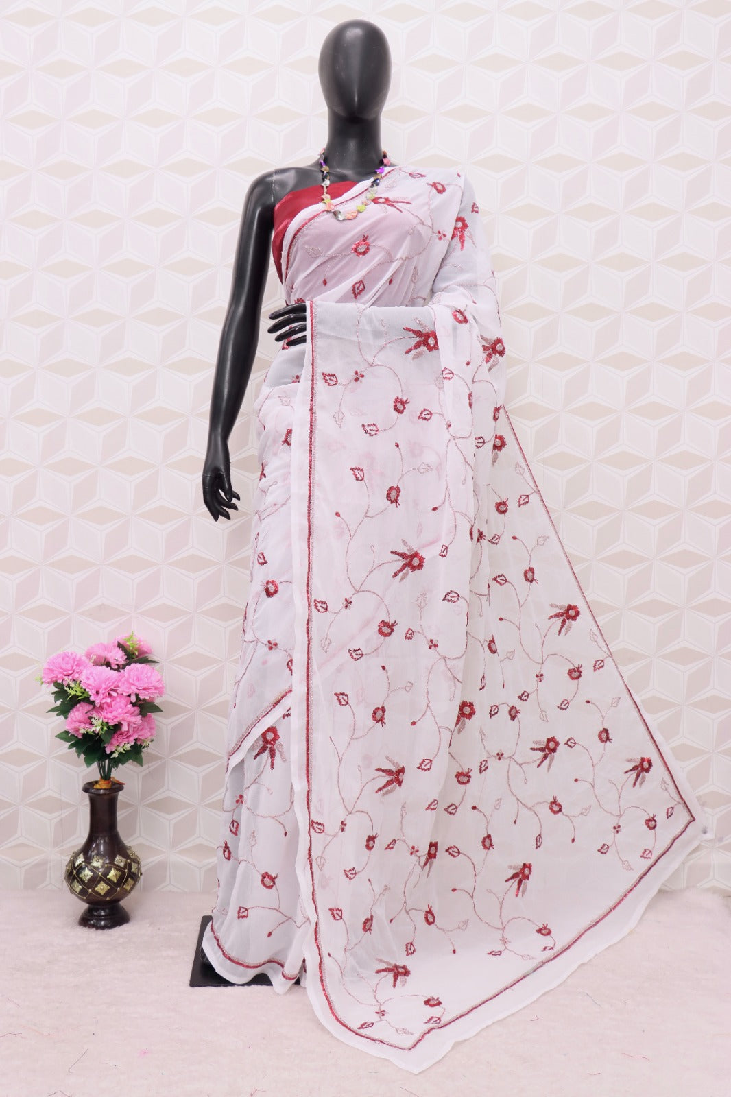 White Color Georgette Sequence Work Saree