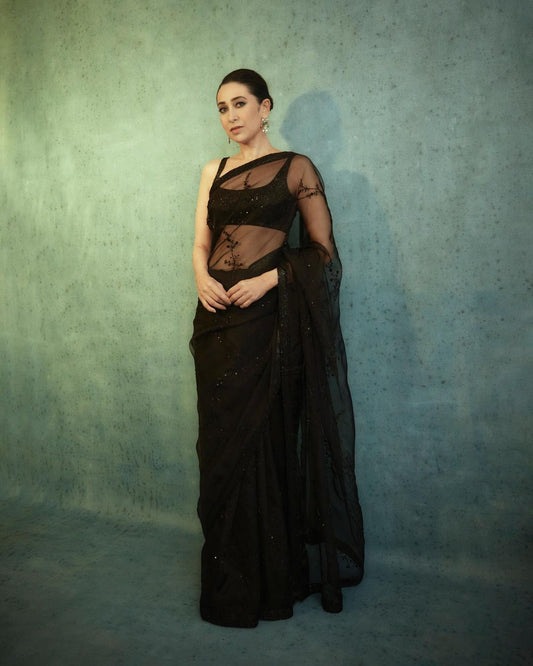 Black Net Sequin Embroidered Saree with Unstitched Blouse