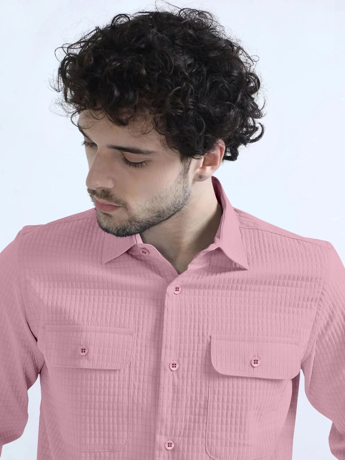 peach  Textured Solid Double Pocket Shirt