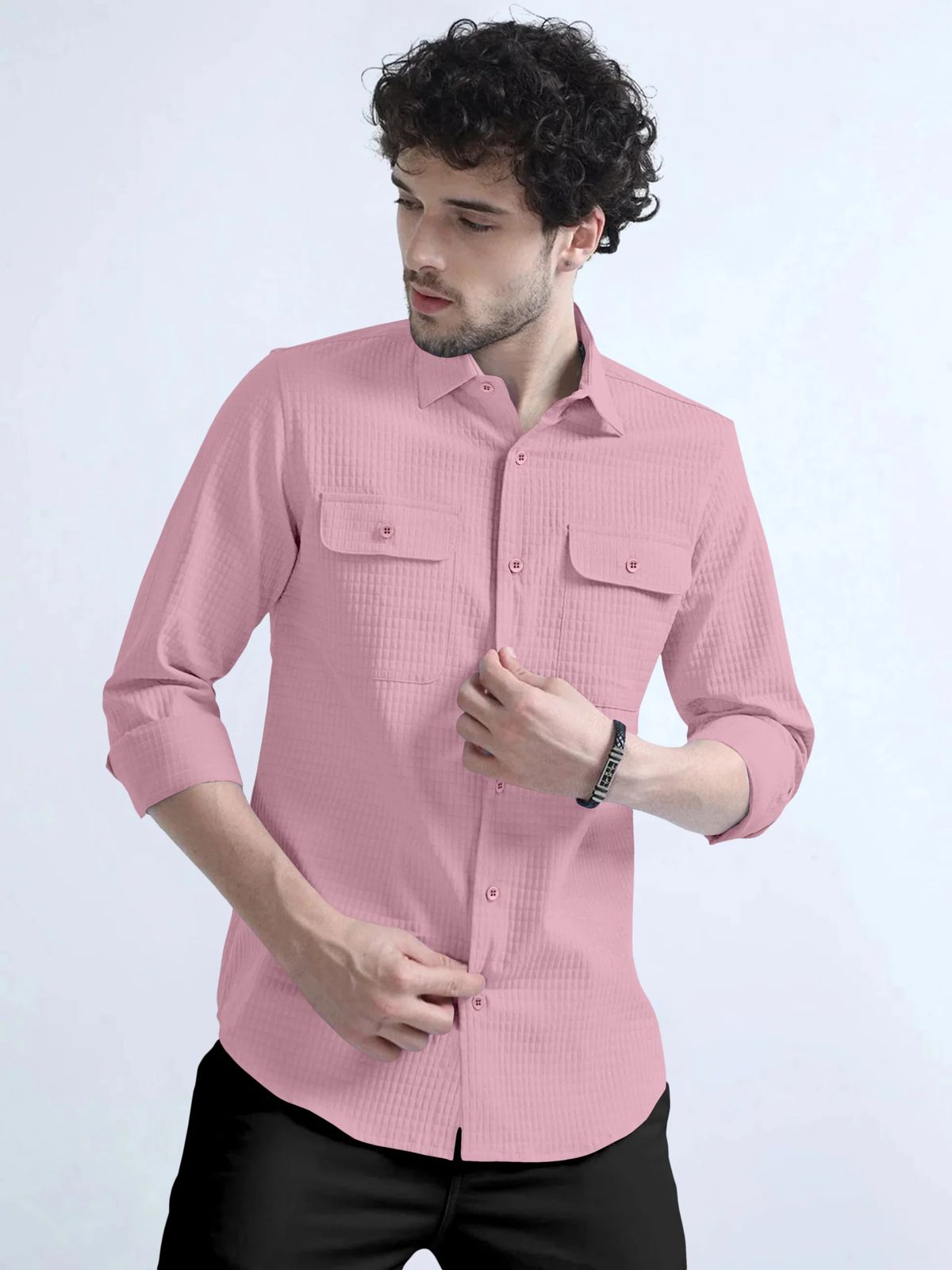 peach  Textured Solid Double Pocket Shirt