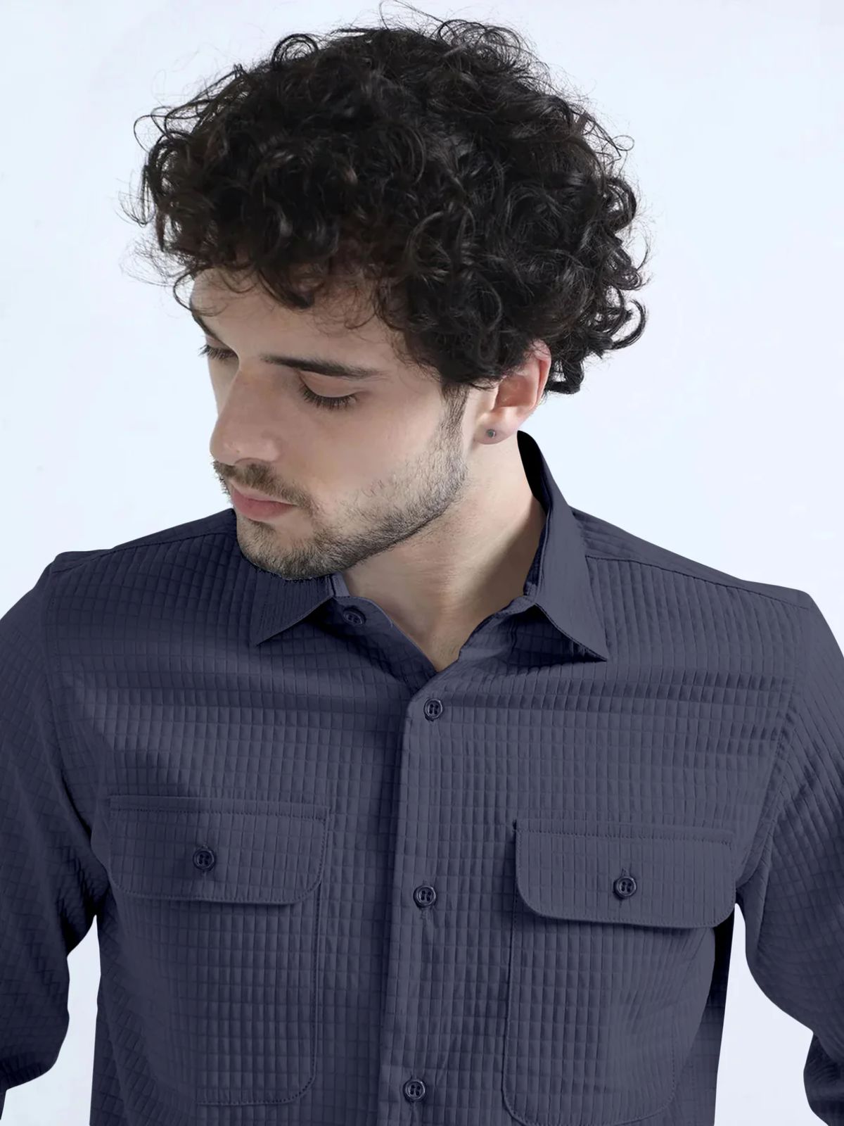 Pebble Grey Textured Solid Double Pocket Shirt