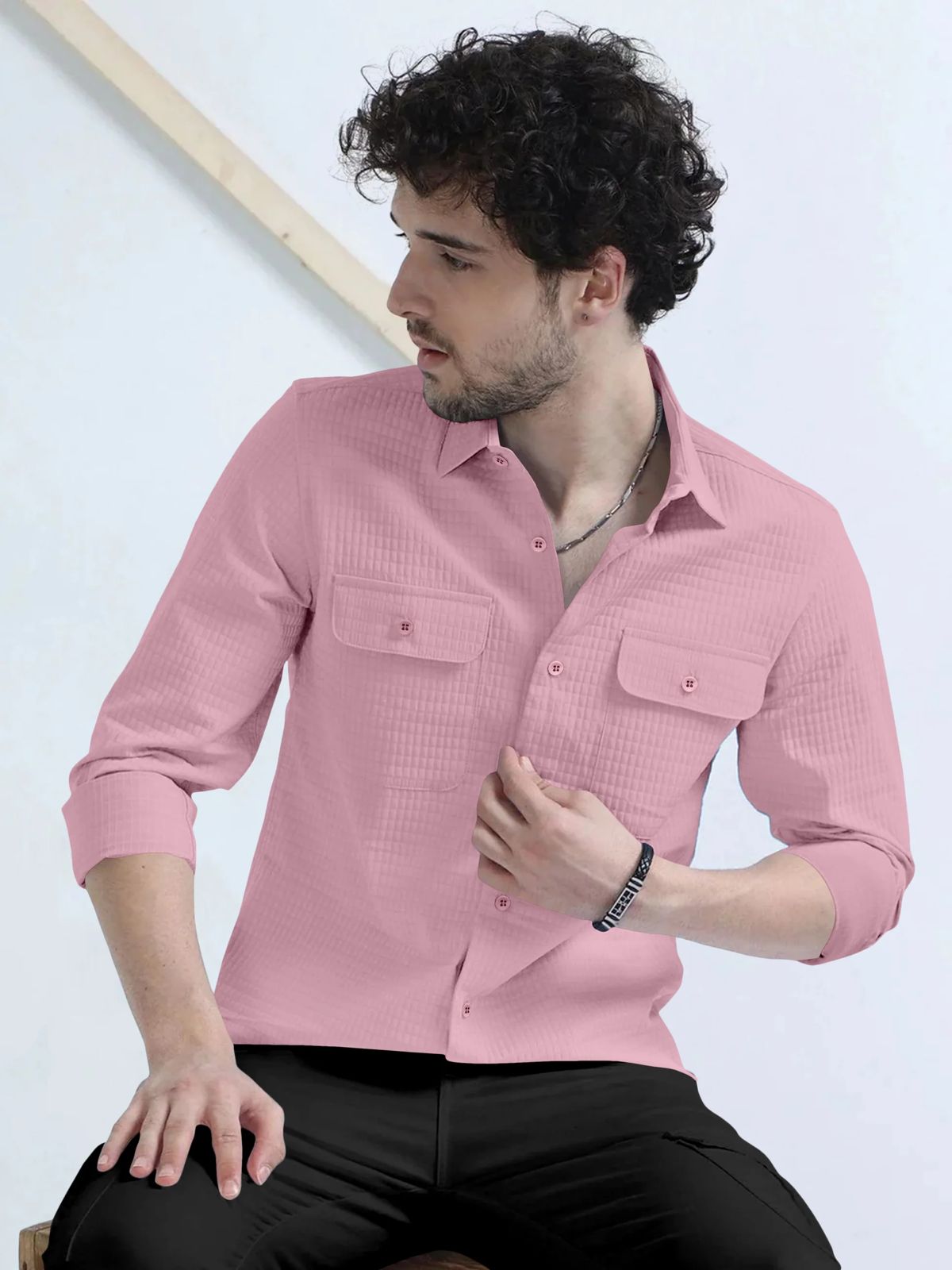 peach  Textured Solid Double Pocket Shirt