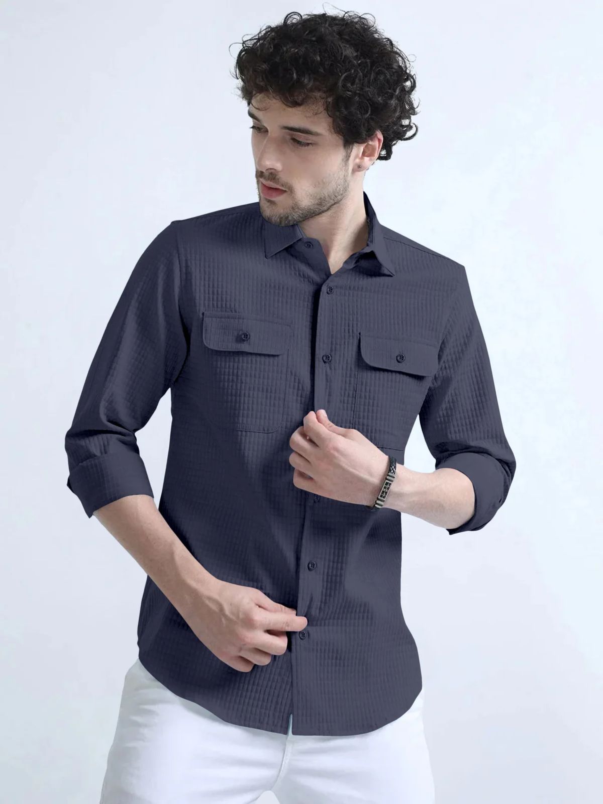 Pebble Grey Textured Solid Double Pocket Shirt