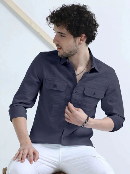 Pebble Grey Textured Solid Double Pocket Shirt