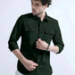 Basil Green Textured Solid Double Pocket Shirt