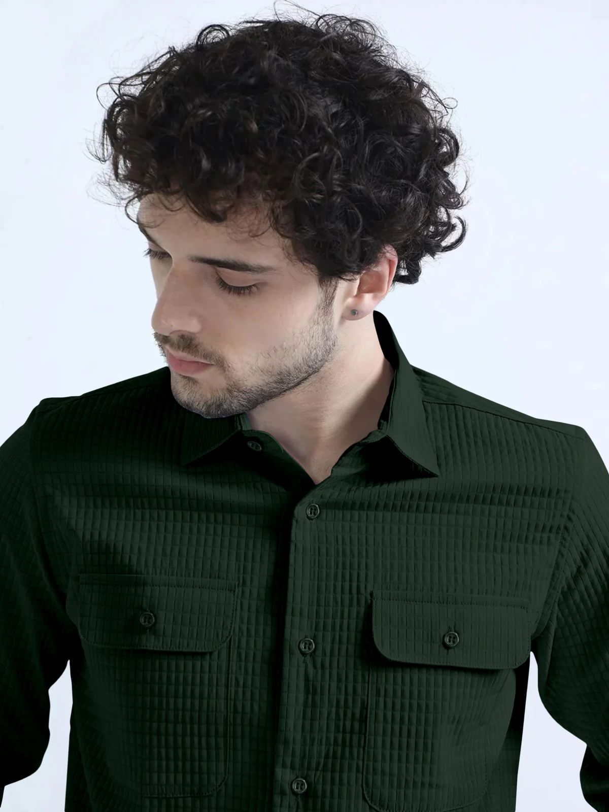 Basil Green Textured Solid Double Pocket Shirt