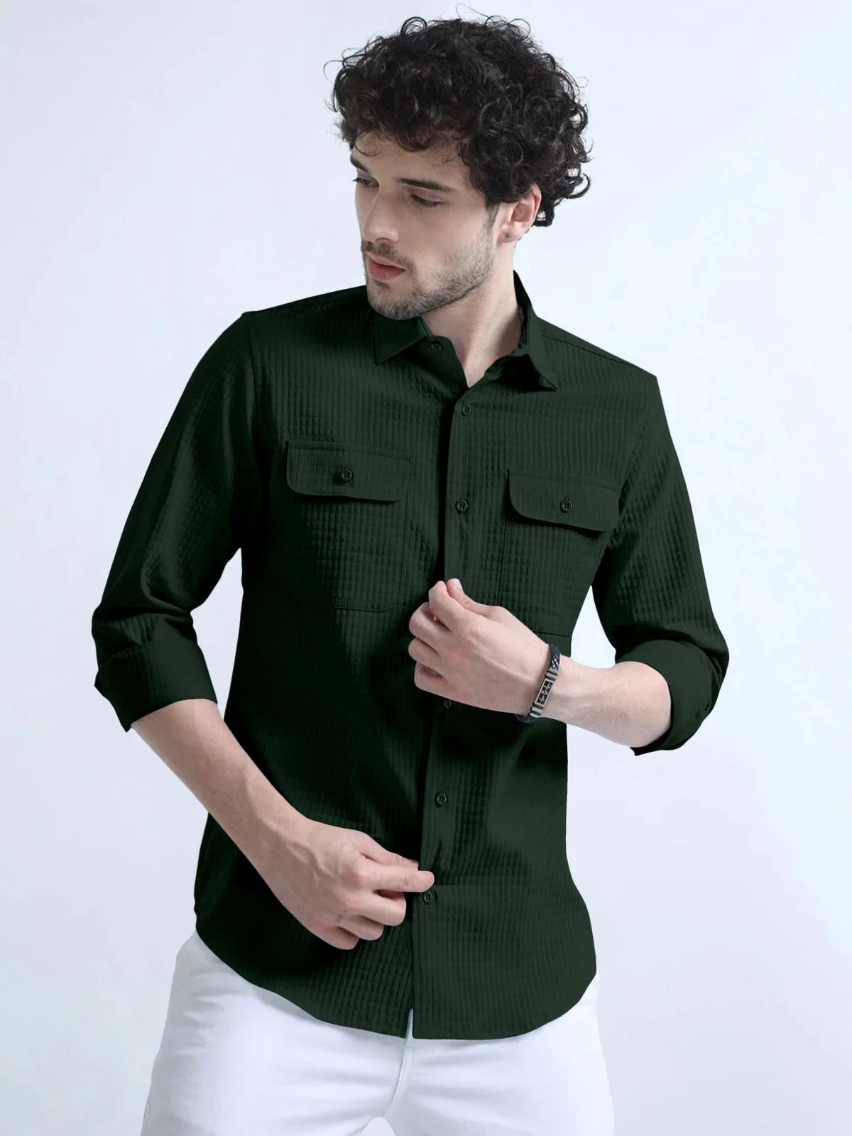 Basil Green Textured Solid Double Pocket Shirt