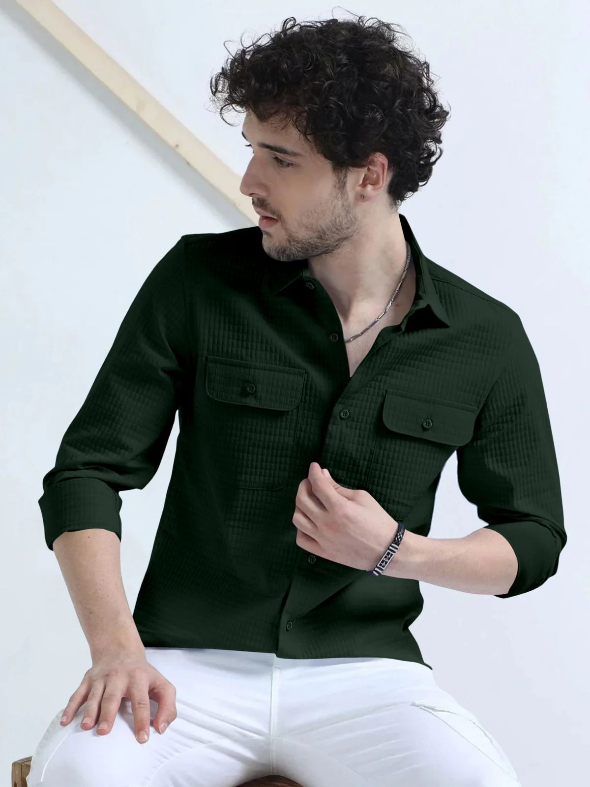 Basil Green Textured Solid Double Pocket Shirt