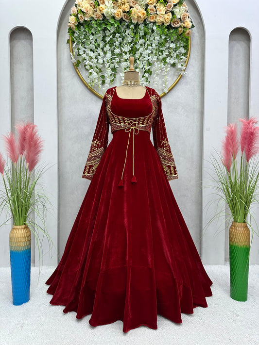 Fashionable Red Color Velvet Sequence Work Long Gown