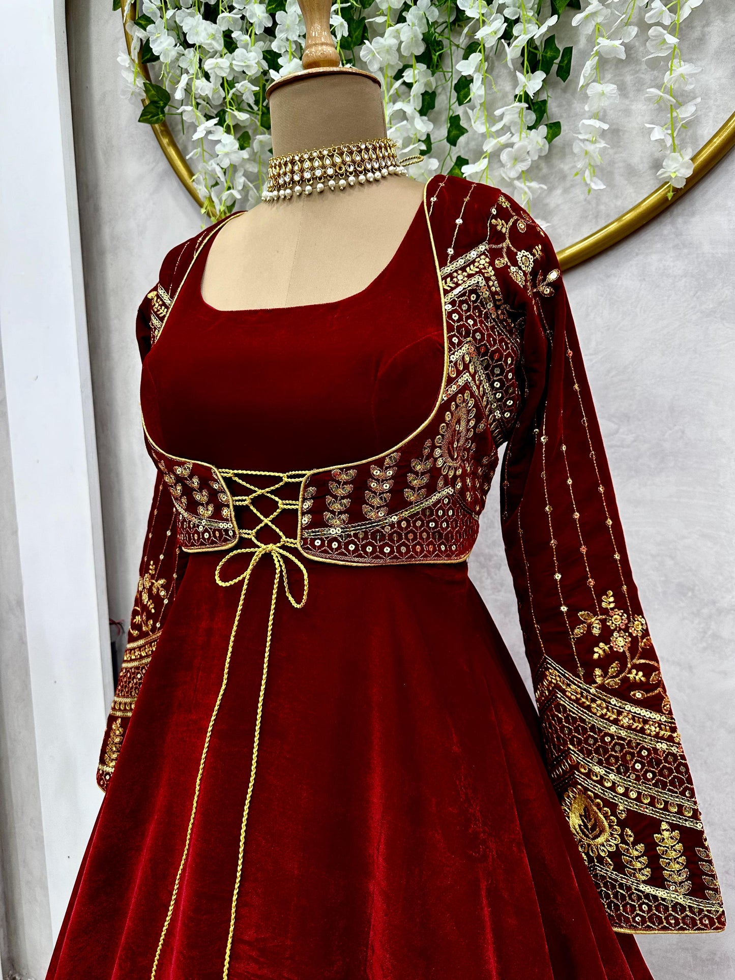 Fashionable Red Color Velvet Sequence Work Long Gown