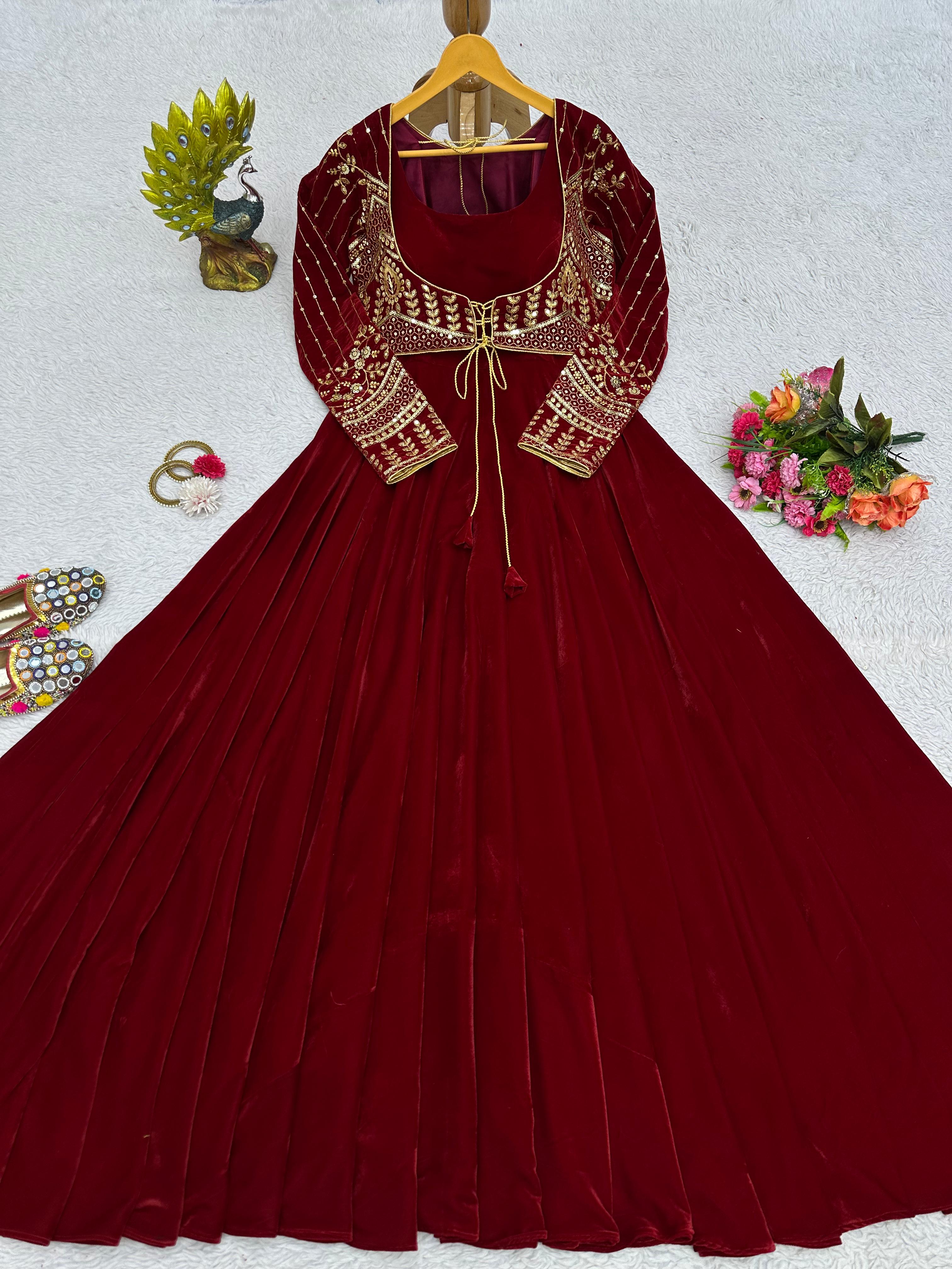 Red Color Pure Silk Pearl & Kundan Work Long Dress – AmithiFashions