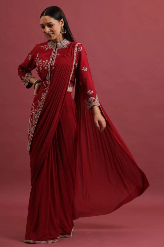 Ruby Pink Embroidered Asymmetrical Jacket With Draped Saree Skirt