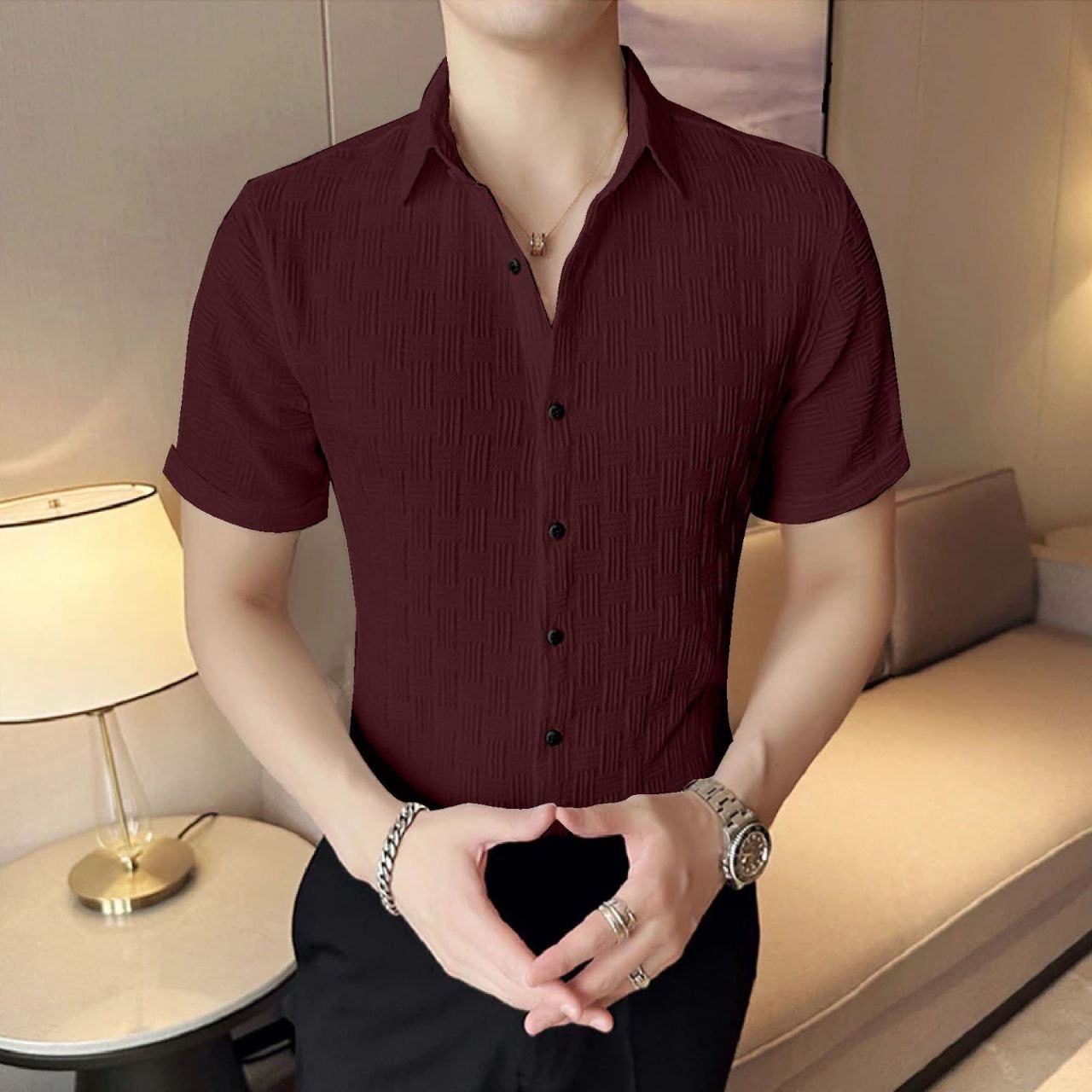 Garnet  Textured Half Sleeve Shirt