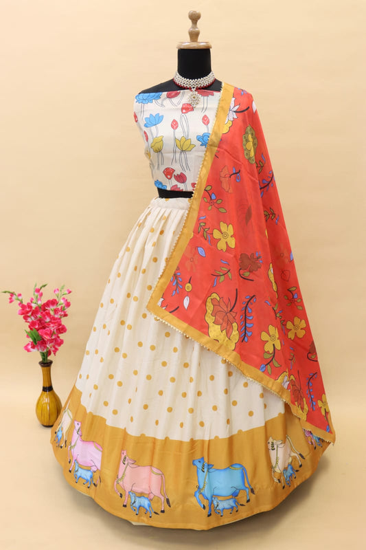 Women's Heavy Chinon Silk Fabric With Digital Print Along With CAN-CAN & CANVAS Along With Designer Latkans Lehenga Choli