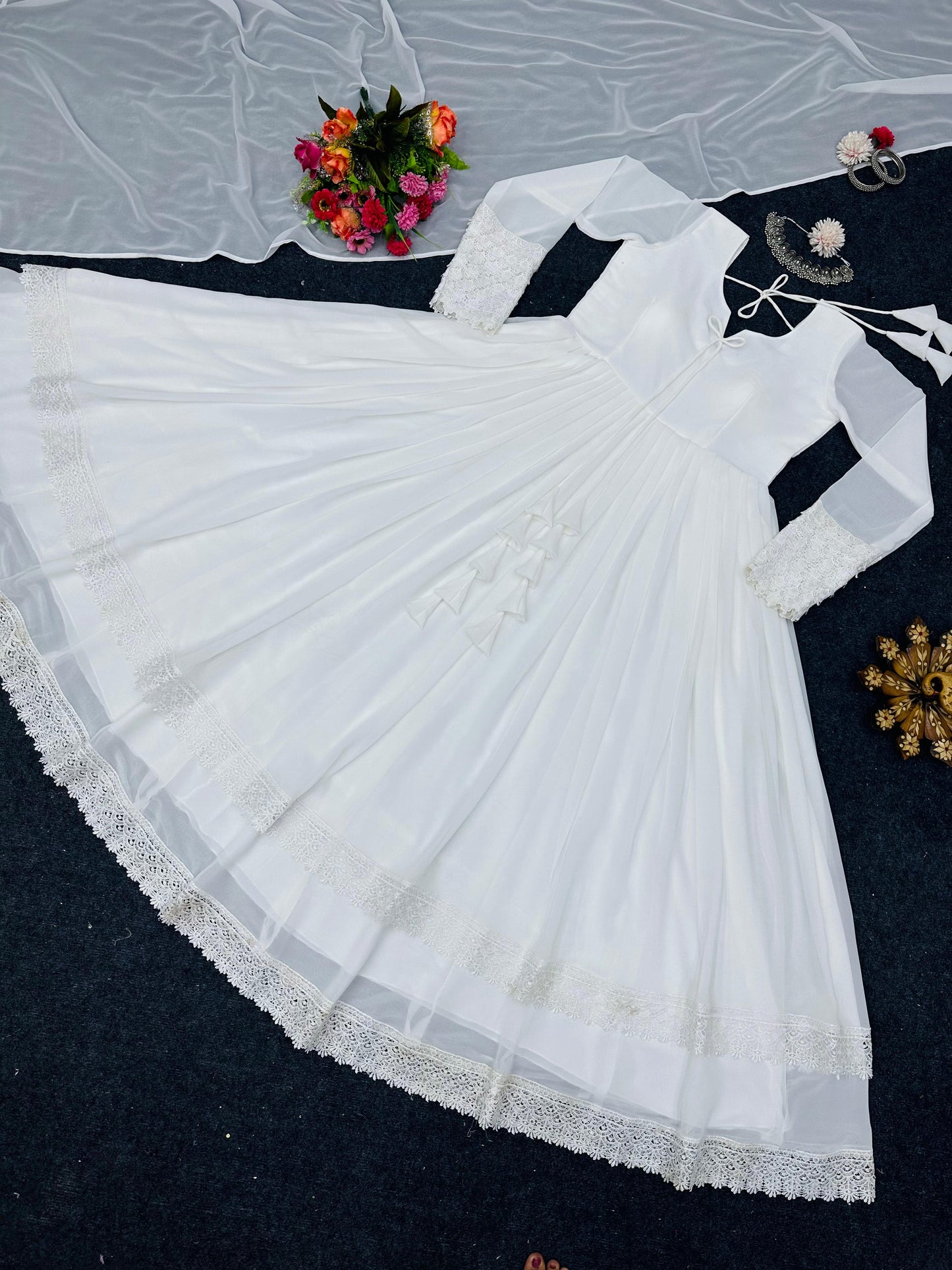 Indian Premium Ethnic White Anarkali Suit with Tassel & Dupatta, White Salwar Kameez Partywear Anarkali, 2 pc Set Readymade suit for woman