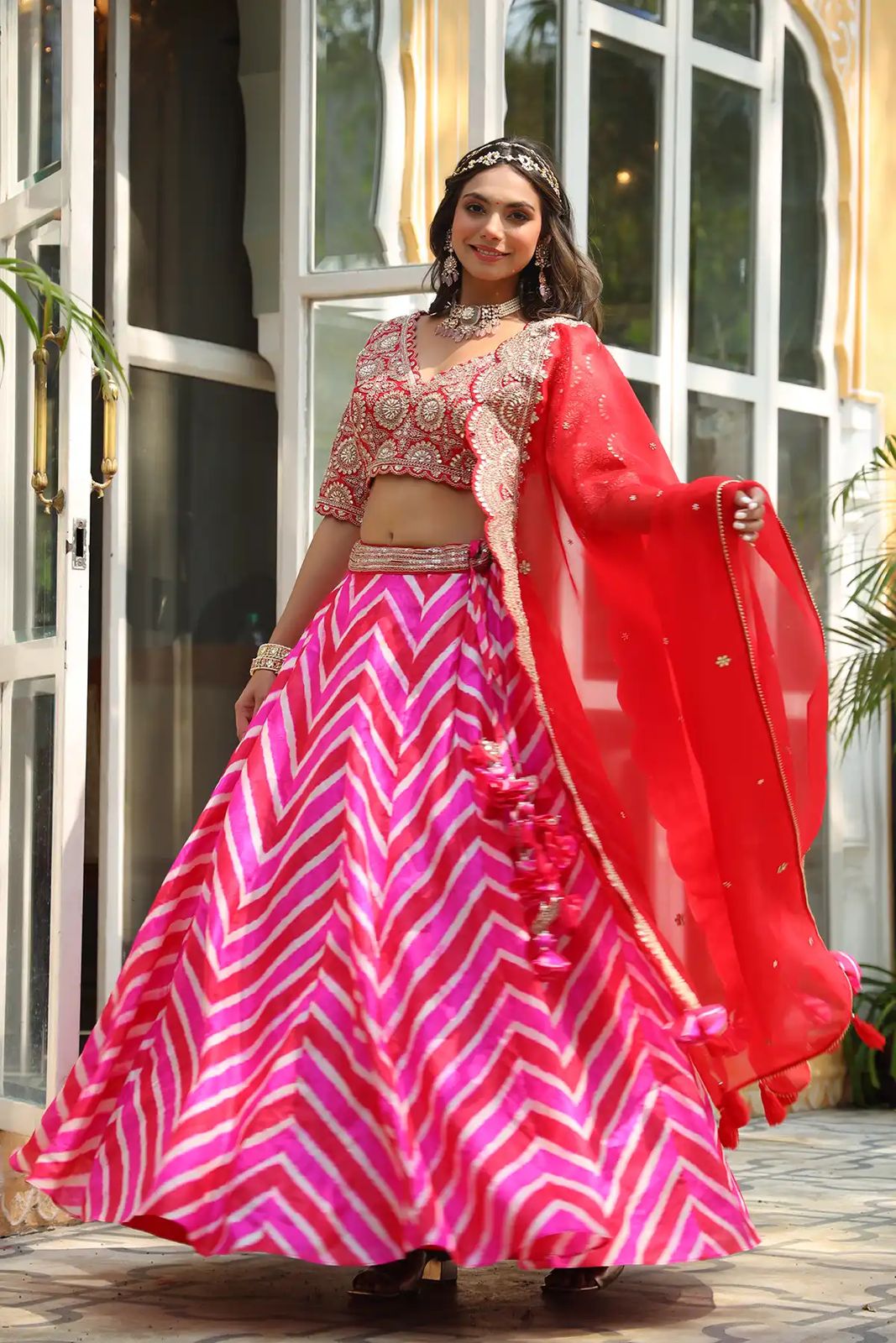 Buy Tomato Red Embroidered 12 Kali Bridal Lehenga In Raw Silk With Cherry  Pink Blouse And Veil Dupatta KALKI Fashion India