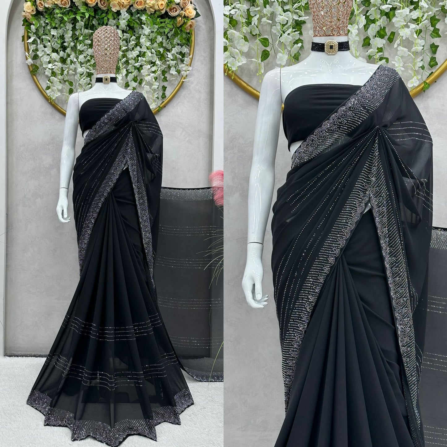 Embellished Bollywood Georgette Saree  (Black)