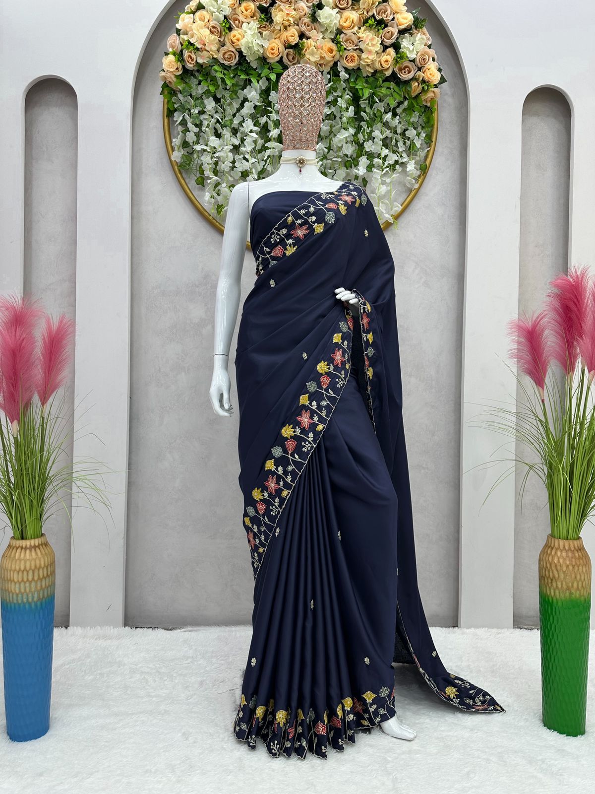 Buy Spetila Woven, Floral Print Banarasi Silk Blend, Jacquard Dark Blue  Sarees Online @ Best Price In India | Flipkart.com