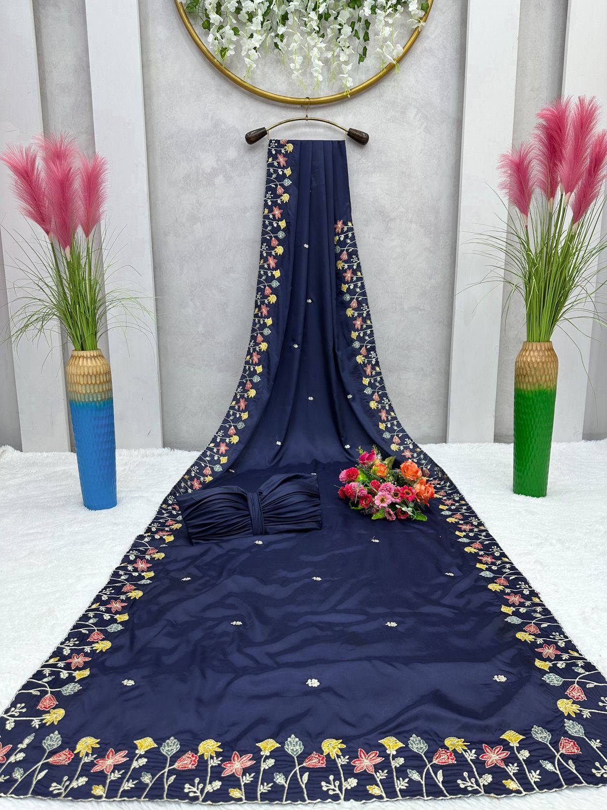Green Blue Saree Sari With Stitched Blouse Ready to Wear Worked Saree Indian Wedding Wear Designer Saree Traditional Partywear Saree