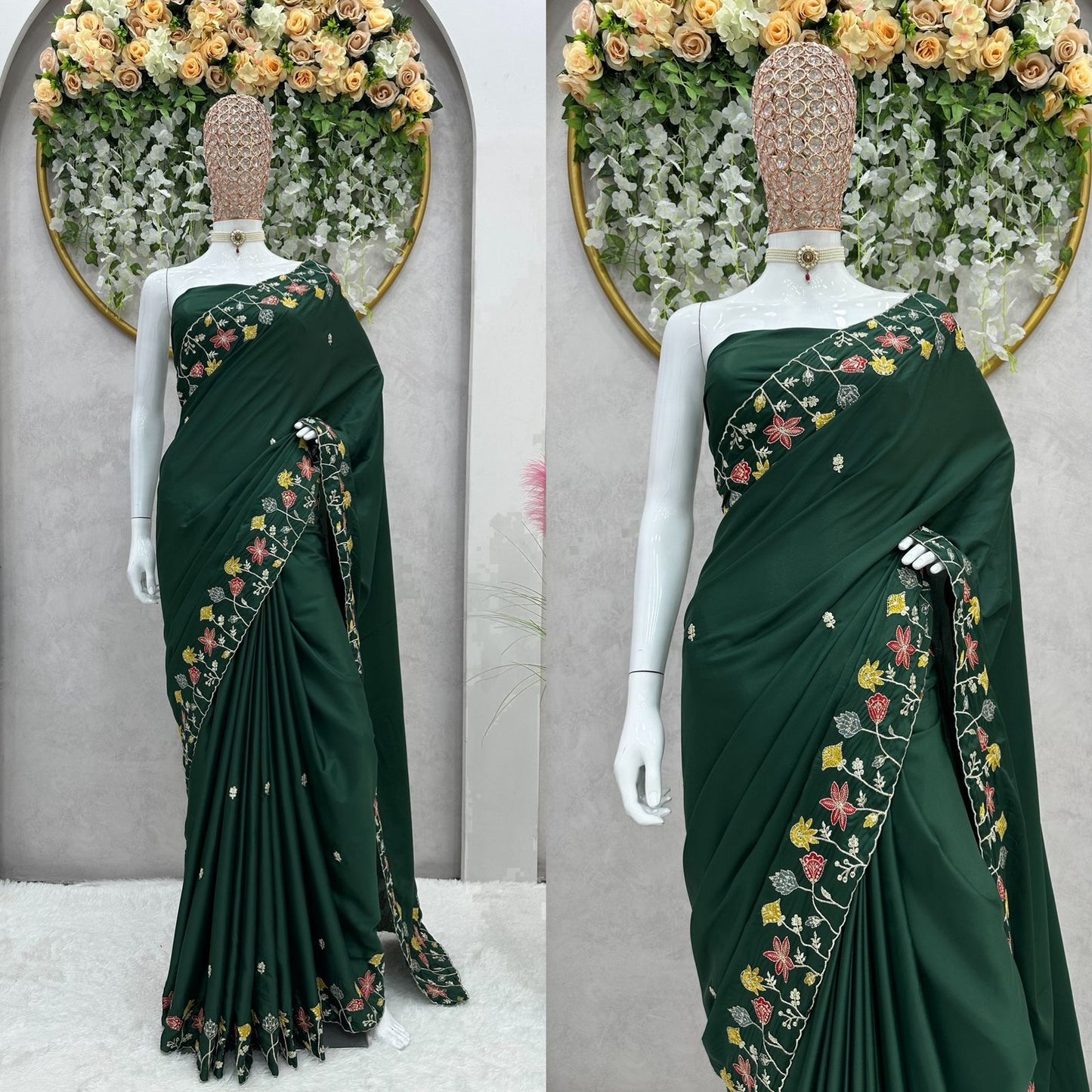 Green Blue Saree Sari With Stitched Blouse Ready to Wear Worked Saree Indian Wedding Wear Designer Saree Traditional Partywear Saree