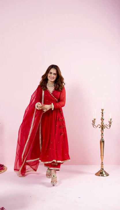 Women's Designer Blood Red Silk Angarakha Kurta Pant Set with Dupatta