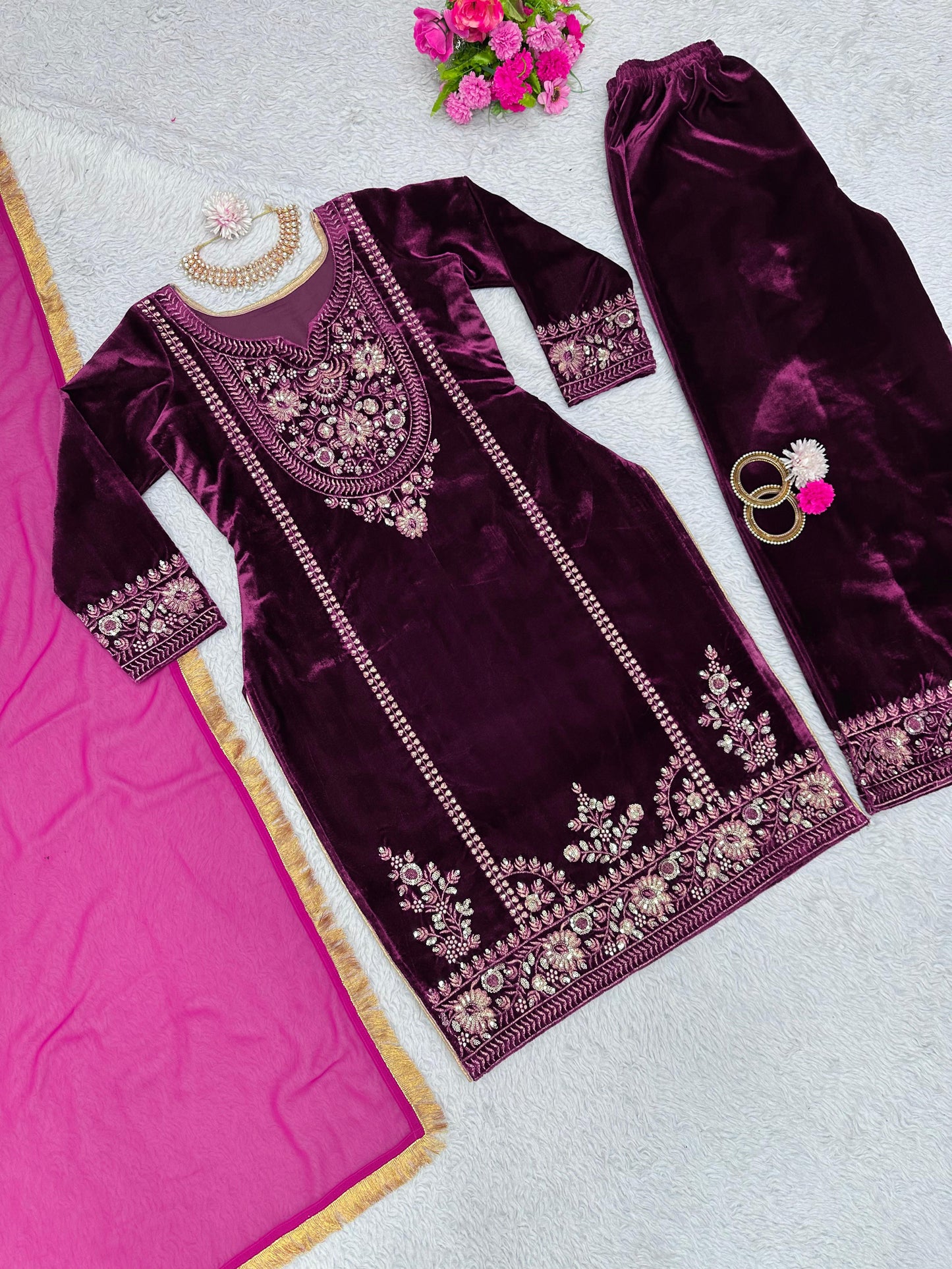 Pakistani Style Purple Color Velvet Suit Set, 3 Pc Winter Wear Velvet Kurta set