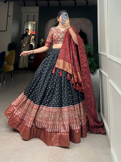 Exquisite Dola Silk Lehenga: Timeless Bandhani and Ajrakh Print