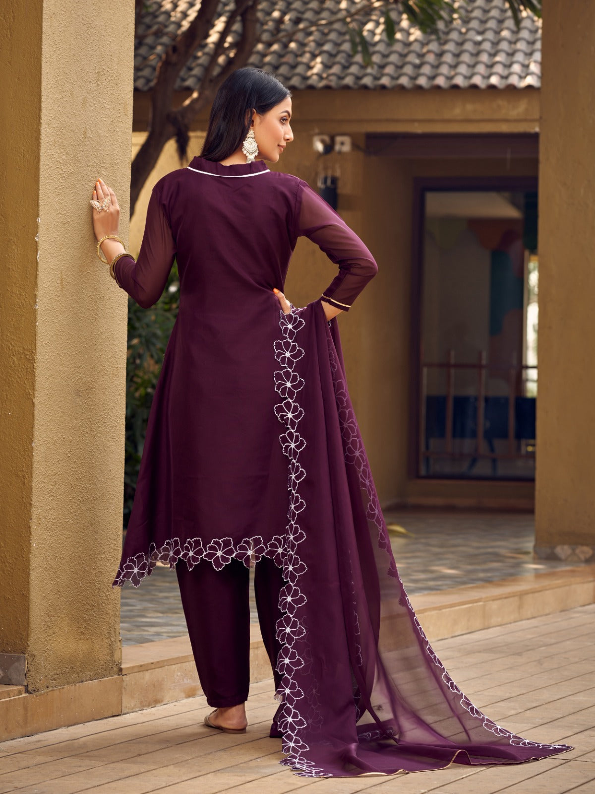 Elevate Your Ethnic Look with Our Wine A-Line Kurti Pant And Dupatta Set