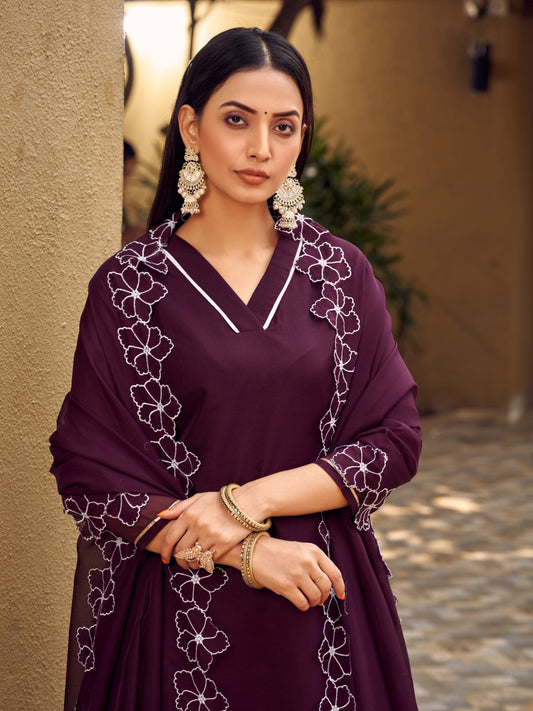 Elevate Your Ethnic Look with Our Wine A-Line Kurti Pant And Dupatta Set