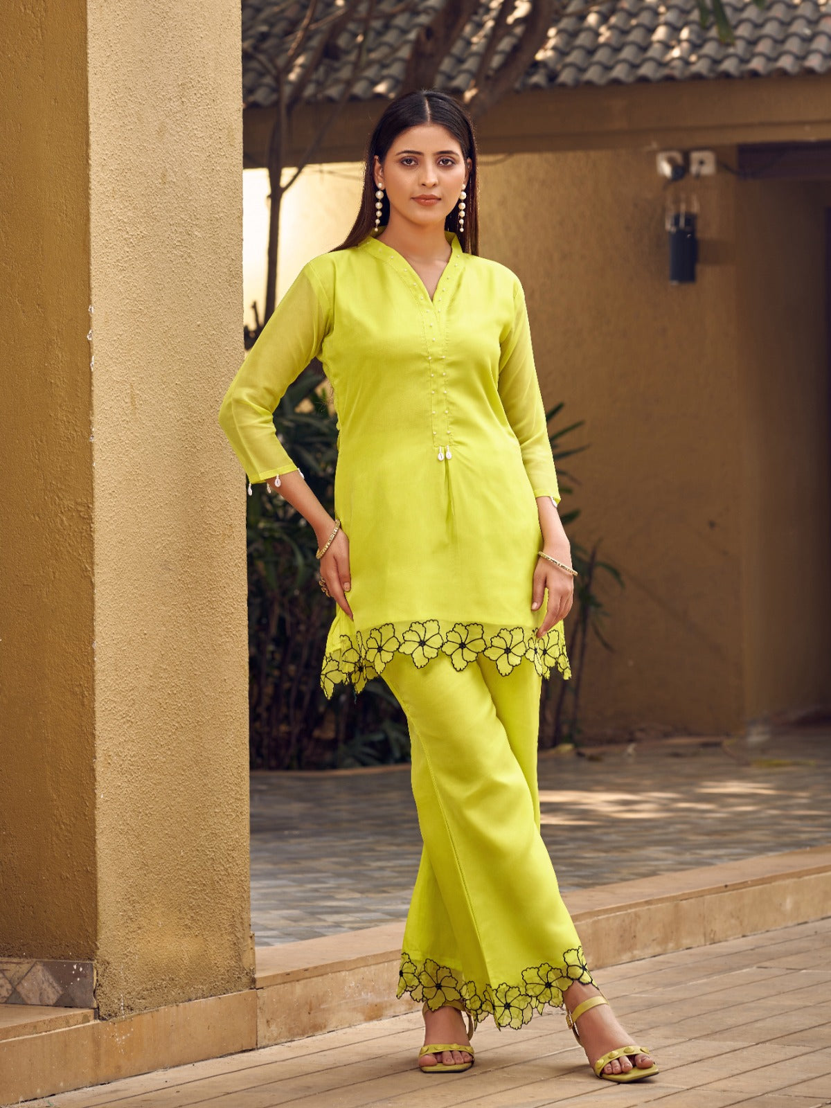 Elevate Your Style with Our Parrot Green Embroidered Co-ord Set